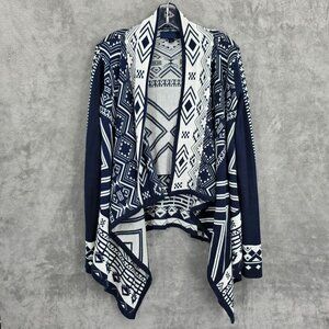 Blue Rain Waterfall Cardigan Sweater L Navy White Fair Isle Southwest Aztec Boho